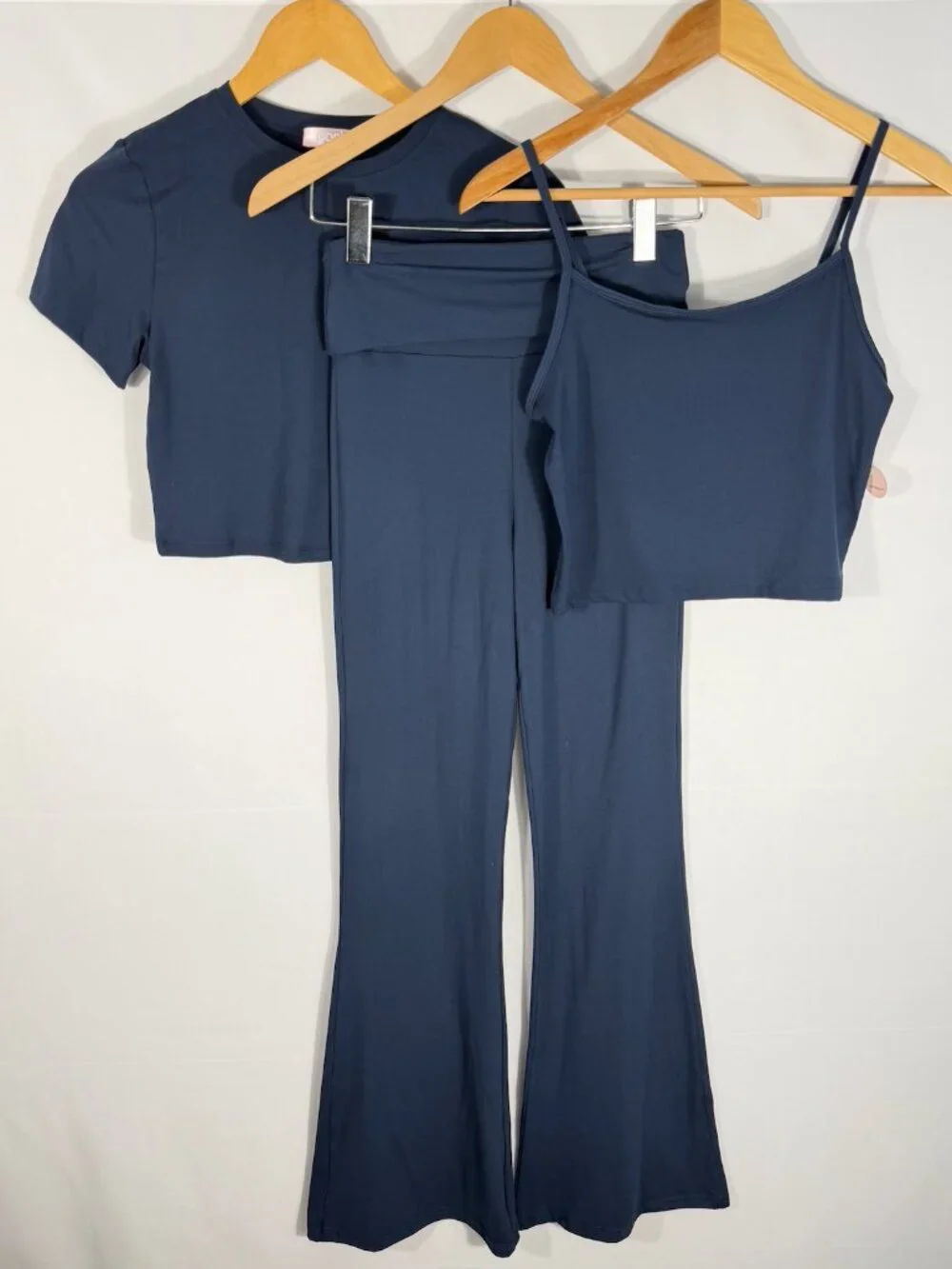 Posie Active Cloud Knit 3 Piece Set Navy NWT Foldover Flare Pants Tee Top